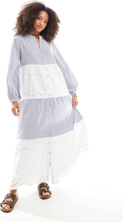 Native Youth Vestito grembiule lungo a balze blu a righe con inserto in pizzo