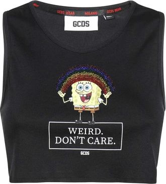 GCDS Gcds, Tops, Dames, Zwart, S, Katoen, Katoenen Crop-top met Strass