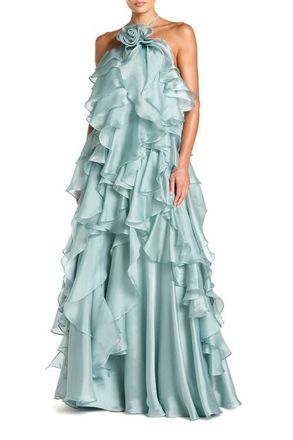 Mac Duggal Organza Halter Neck Open Back Ruffle Gown in Mint at Nordstrom, Size X-Large