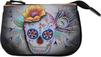 Anuschka Womens Original Hand-Painted Genuine Leather Medium Zip Pouch with Key Fobs - Calaveras de Az&uacute;car