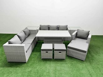 Fimous 8 PCs Rising Dining Table Set Rattan Furniture Set with 3 Seater Sofa in Light Grey