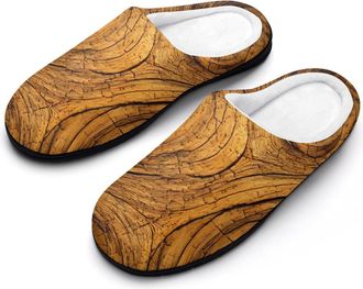 Generic Wood Tree Rings Pattern Slippers Men Winter Warm Cotton Anti-Slip Indoor Slip-Ons House Shoes