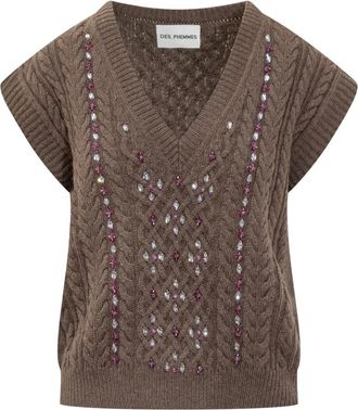 Des_Phemmes Kabelgebreide V-halsvest met juwelen - Dames - V-hals truien - Bruin - S - Truien & Vesten