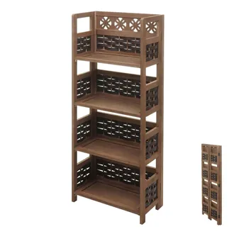 Hhg Nunca Usado] Estanter&iacute;a Hhg 660, Estanter&iacute;a De Pie Para Vivir, Plegable 4 Estantes, Madera 110cm, Marr&oacute;n Oscuro, Mimbre Marr&oacute;n Oscuro