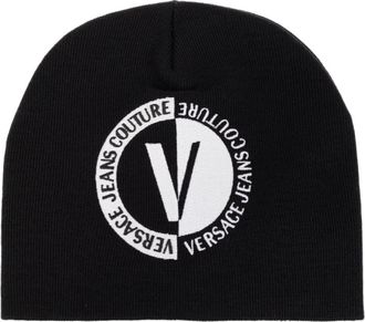 Versace Jeans Couture Zwarte wollen muts met logoborduursel - unisex - Hoeden - Zwart - ONE Size - Wol - Accessoires
