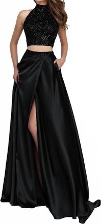 Sherri Hill Two Piece Halter High Slit Prom Maxi Dress In Black