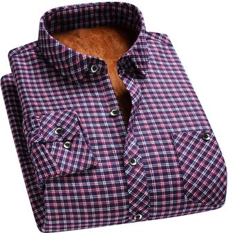 Generic Mens Checked Shirts Thermal Soft Regular-Fit Long-Sleeve Fleece Lined Button Down Shirt Casual Versatile Plaid Shirt Work Wear with Chest Pockets Size
