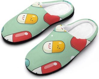 Generic Pill Capsules Pattern Mens Slippers Slip On Comfortable Fleece Cotton House Shoes Winter