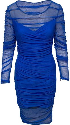 Versace Ruched Mesh Dress in Blue Polyamide