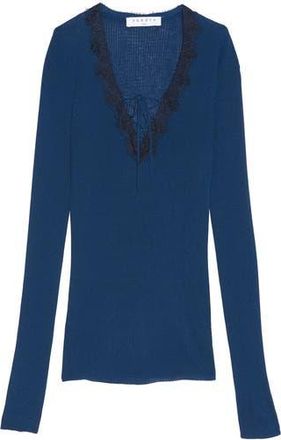 Sandro Fathy Lace Trim V-Neck Sweater in Bleu Petrole at Nordstrom Rack, Size 1 (Fits Like 2-4 Us)