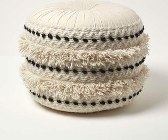 Homescapes Homescapes - Sahara Cream & Black Macrame Tufted Boho Pouffe