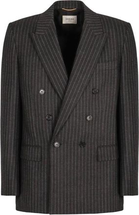 Saint Laurent Jassen, Dames, Grijs, L, Wol, Double-Breasted Pinstripe Blazer