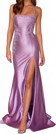 Sherri Hill Fitted Halter Neck Hot Fix Gown In Lilac