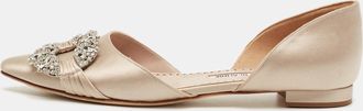 Manolo Blahnik Beige Satin Luanda Crystal Embellish Ballet Flats