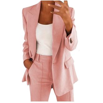 Generic Women Business Office Suit 2 Piece Solid Sets Lady Lapel Neck Slim Fit Buttoned Blazer Jacket and Pants Set Pink