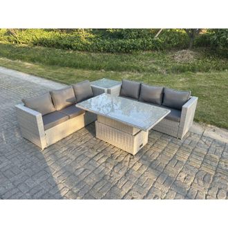 Fimous Fimous Rattan Garden Funiture Set Height Adjustable Rising Lifting Table Sofa Dining Set With Side Coffee Tea Table