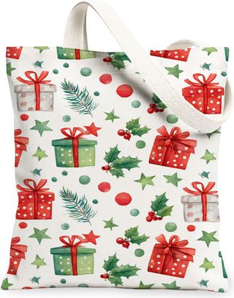 Generic Christmas Gift Canvas Tote Bags, Holiday Presents Pattern Reusable Bags, Vintage Lightweight Washable Shoulder Strap Canvas, Red, 13x15 Inch