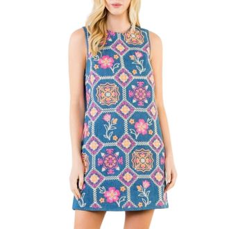 THML Clothing Sleeveless Embroidery Detail Dress In Denim Blue