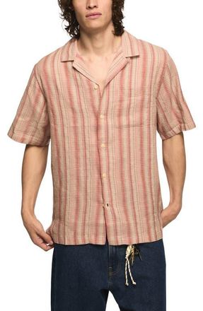 Lucky Brand Stripe Linen & Cotton Camp Shirt in Coral Multi at Nordstrom, Size Xx-Large