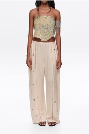 Bimba & Lola Wide Linen Trousers With Lace And Embroidery in Sand at Nordstrom, Size X-Small