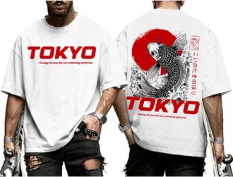 Generic Japanese Graphic Tees for Men | Koi Fish Tokyo | Oversized Casual Crewneck Cotton T Shirt Trendy Clothes - for 3XL White