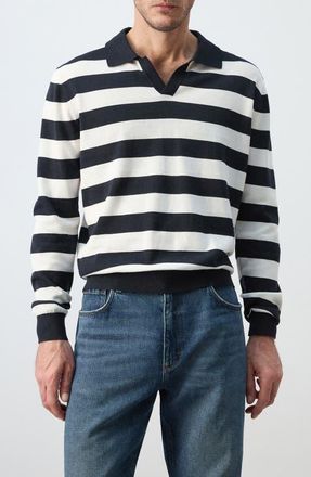 Mango Fine Knit Long Sleeve Stripe Polo in Navy at Nordstrom, Size X-Large