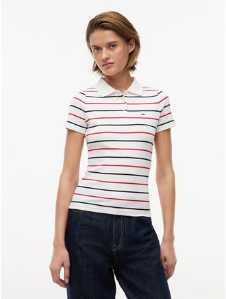 Tommy Hilfiger Womens Tommy Jeans Slim Fit Rib-Knit Polo - Ecru / Multi Stripe - XL