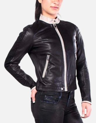 Diesel Womens DIESEL L GIN Womens Leather Jacket Long Sleeve Cafe Racer Ladies Biker Zip Coat - Black - Size: 10/8
