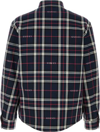 Gucci Mens Embroidered Cotton Plaid Shirt Navy