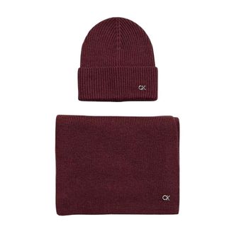 Calvin Klein Beanies, female, Red, Size: ONE SIZE Ribbed Knit Hat Scarf Set