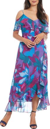 London Times Cold Shoulder Ruffle Faux Wrap Dress in Blue/Jade at Nordstrom Rack, Size 10