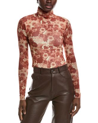 Ganni Printed Mesh Long Sleeve Rollneck Top
