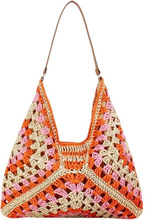 Generic Women Knitted Shoulder Bag Large Capacity Crochet Hobo Bags Stylish Granny Bag Patchwork Hasp Closure for Outdoor Travel (Orange)