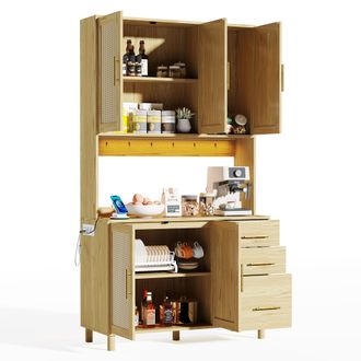 STILVORA Aparador De Cocina Con 3 Cajones, 3 Puertas, 2 Estantes Ajustables, Led Y Enchufes, Para Cocina, Mdf, Natural