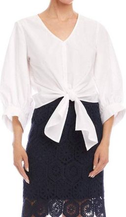 Karen Kane Blouson Sleeve Tie-Front Top In Off White