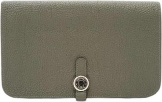 Herm&egrave;s Pre-owned Dogon Duo Sauge Palladium GM Togo Portemonnee - Dames - Vintage Accessoires - Grijs - ONE Size - Leer - Vintage