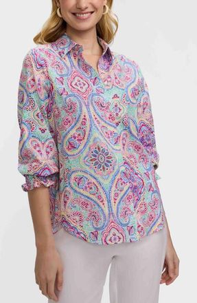 Foxcroft Olivia Paisley Smocked Cuff Linen Blend Button-Up Shirt in Green/Multi at Nordstrom, Size X-Small