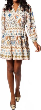 Sail to Sable Long Sleeve Smocked Waist Dress In Geo Floral Border Print