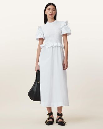 AllSaints Womens Cotton Ode Shirred Puff Sleeve Midi Dress, Size: UK 16/US 12