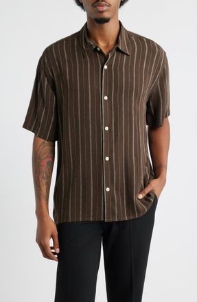 Open Edit Stripe Short Sleeve Button-Up Shirt in Brown Kiyoshi Stripe at Nordstrom, Size Xx-Large