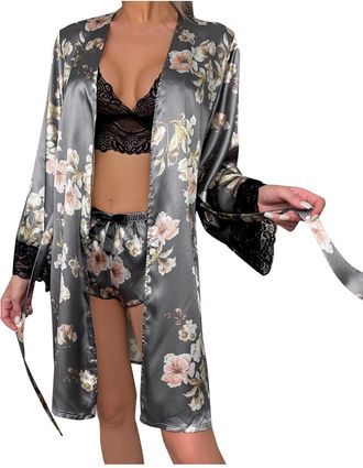 Generic Womens Satin Sexy Kimono Robe with Belt Silk Satin Robe Nightdress Dressing Gowns Ladies Party Bridesmaid Bridal Shower Loungewear Ladies Dressing Gow