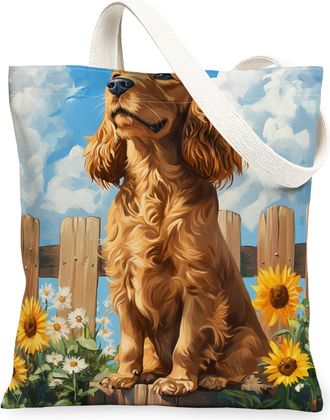 Generic Spring American Cocker Spaniel Dog Canvas Tote Bag for Shopping 13x15, Sunflower Fence Puppy Reusable Grocery Print Bag for Women, Farmhouse Pet Beach
