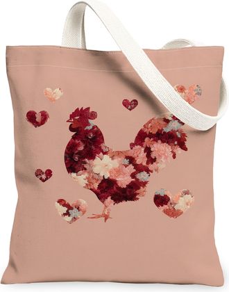 Generic Floral Rooster Canvas Tote Bags, Vintage Heart Pattern Reusable Grocery Bags, Lightweight Washable Shoulder Strap Canvas Fo, Peach, 13x15 Inch