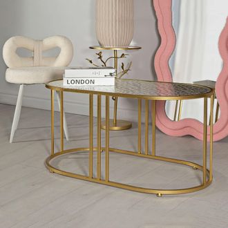 Dmora Mesa De Centro Fadali, Forma Ovalada, Color Transparente, Estructura De Vidrio, 90x50x45h Cm, Dorado