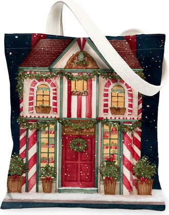 Generic Christmas House Canvas Tote Bags, Holiday Home Design Reusable Grocery Bags, Vintage Rustic Lightweight Washable Shoulder Strap Canvas for Travel Shop