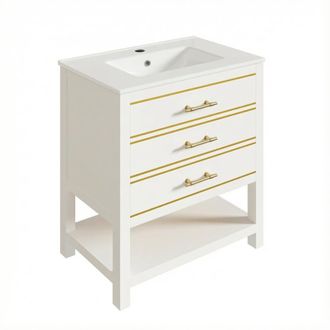 Urban Meuble Mueble de Ba&ntilde;o Blanco 76cm - Lavabo Cer&aacute;mico y Toques Oro - 2 Cajones