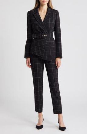 Tahari by ASL Windowpane Check Belted Blazer & Pants Set in Black Ivory at Nordstrom Rack, Size 14