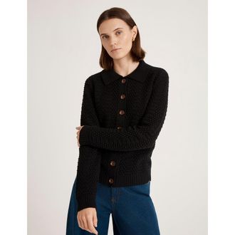 Finery Emlyn Cotton Knitted Collared Cardigan in Black at Nordstrom, Size 14