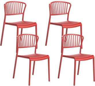 Beliani Conjunto De 4 Sillas De Comedor De Pl&aacute;stico Apilable Interior Exterior Rojo Gela