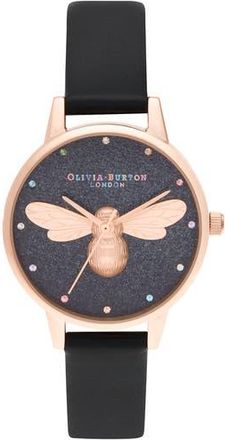 Olivia Burton Lucky Bee Black Glitter Dial Watch, 30mm at Nordstrom Rack